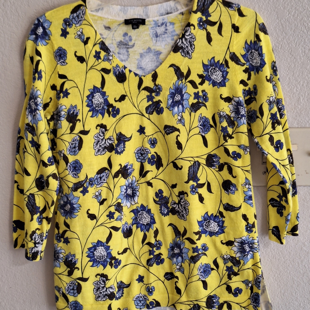 Talbots Yellow Floral V-Neck Knit Top SzMp